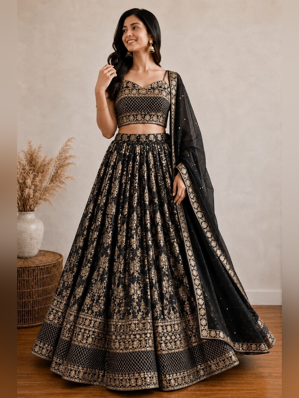 Black Dola Silk Jacquard Lehenga Choli Set